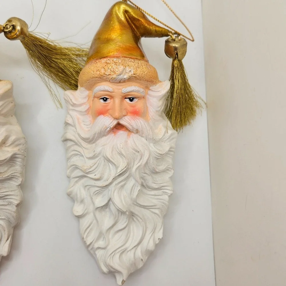 Set of 3 Vintage Santa Face Christmas Ornaments‎ Gold Hat Tassel Holiday Decor